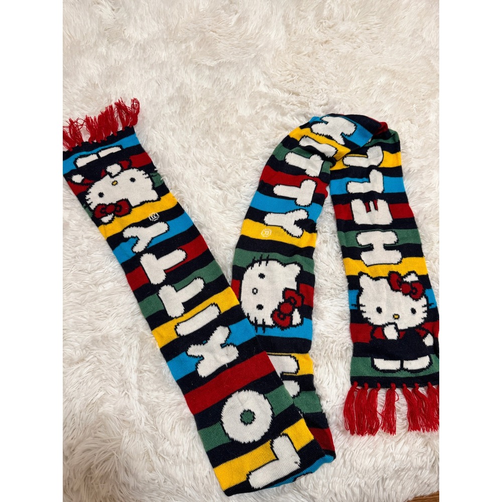 Hello Kitty Sanrio Knit Scarf Multi Color Striped Character Fringe Y2K 2011